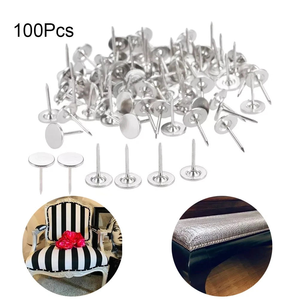 100pc Silver Flat Head Upholstery Nails Push Pins Studs Hardware