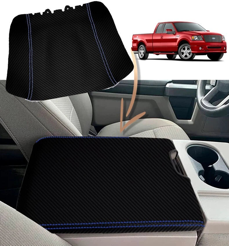 Console Lid Jump Seat Cover for Ford F150 (2004–2008) Carbon Fiber Blue Stitch