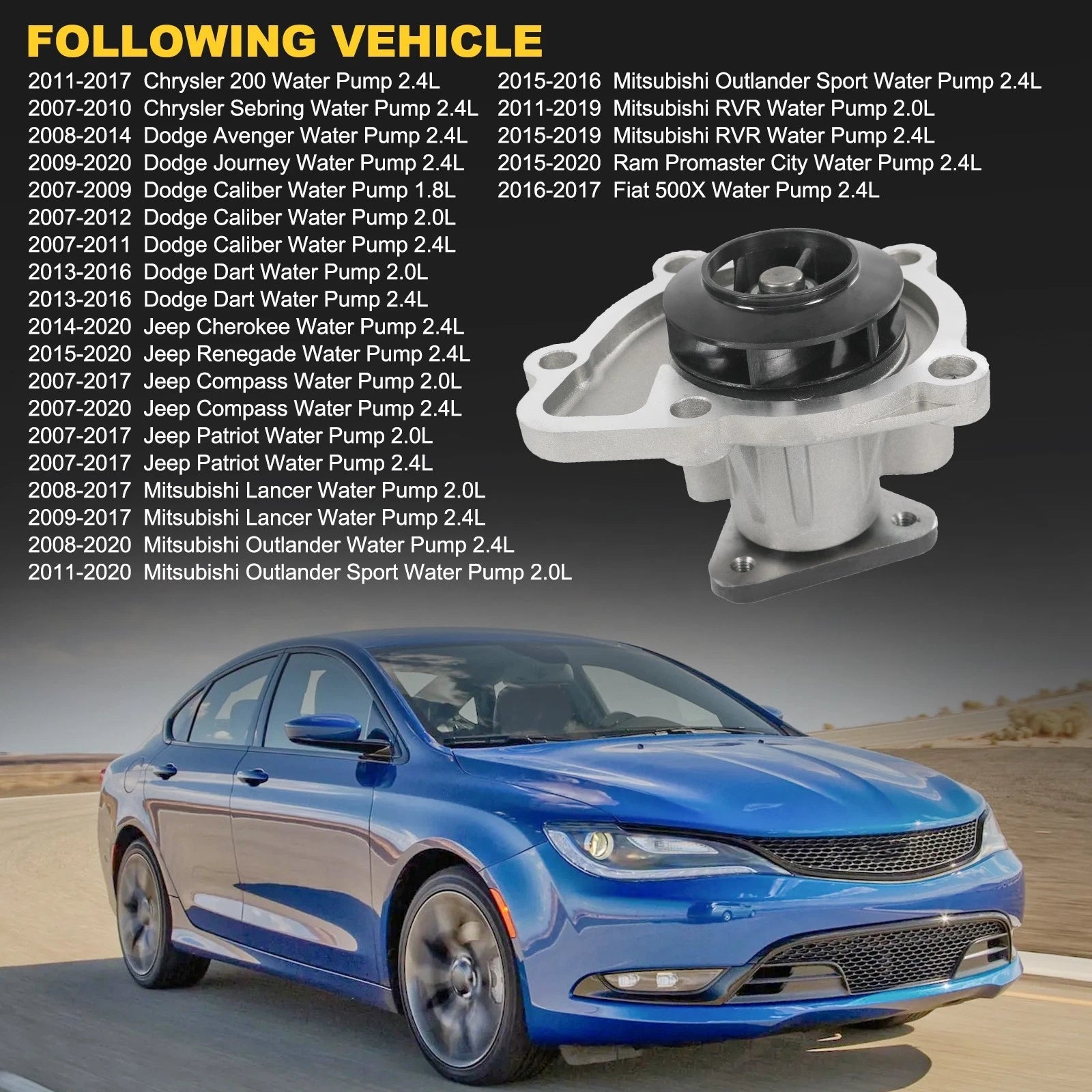 Water Pump for Chrysler 200, Dodge Compass, Mitsubishi Lancer (2007-2017)