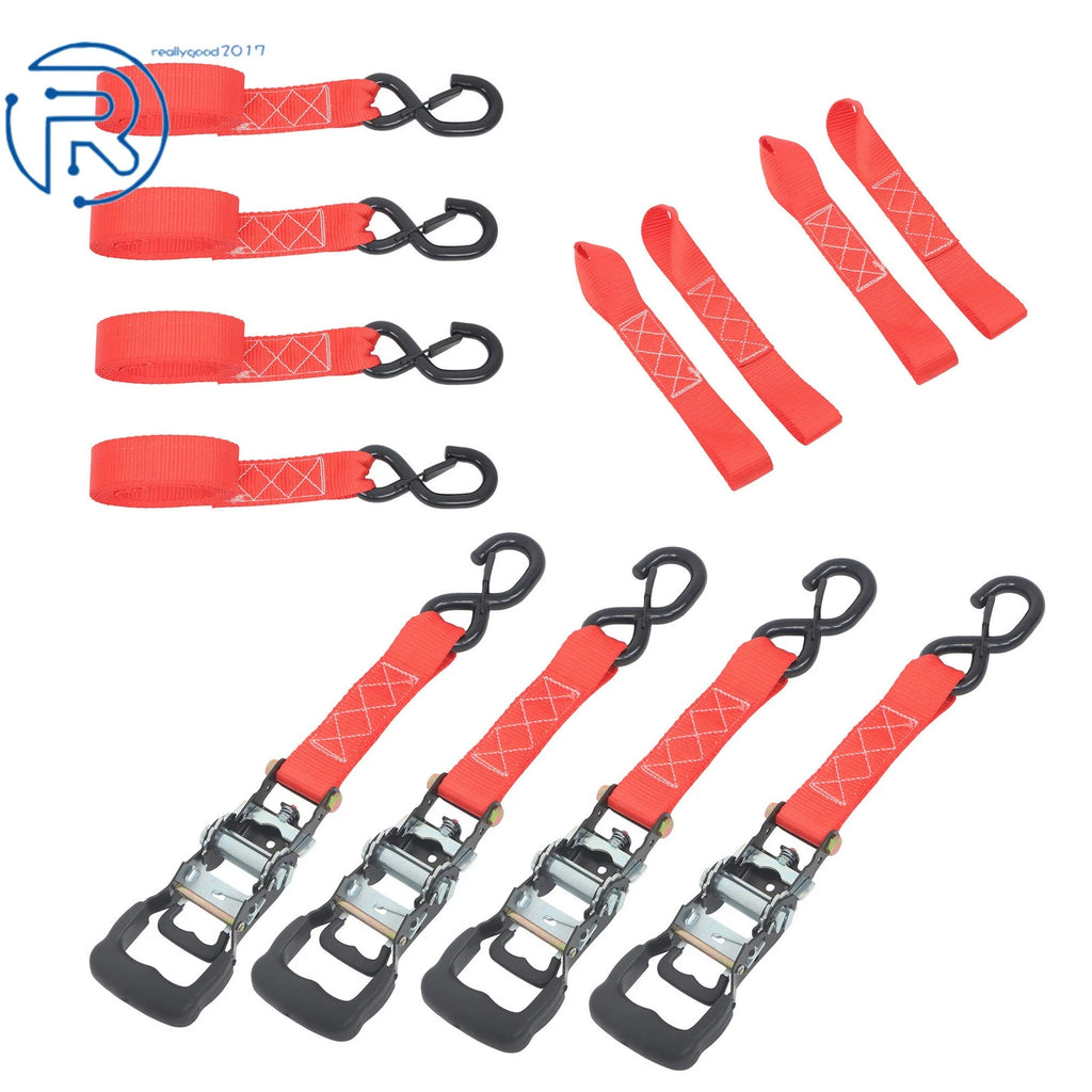 Set of 4 Tie Downs 1.6" × 8' Ratchet Straps 5208 Lbs with S Hook Red