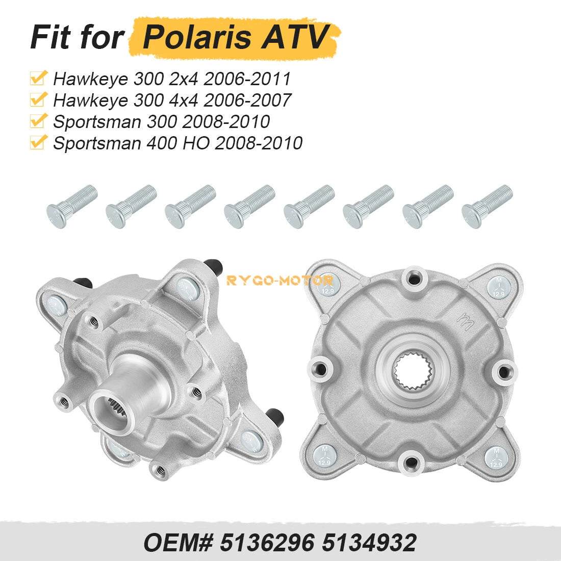Set of 2 Front Wheel Hubs & Studs for Polaris Sportsman 300 400 4x4 (2008–2010) 5136296