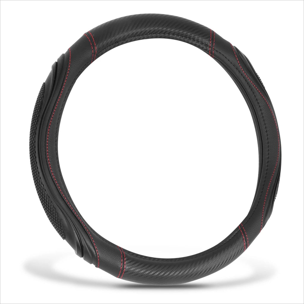 Steering Wheel Cover for Universal Fit (14.5-15") Black Carbon Fiber Red Stitching