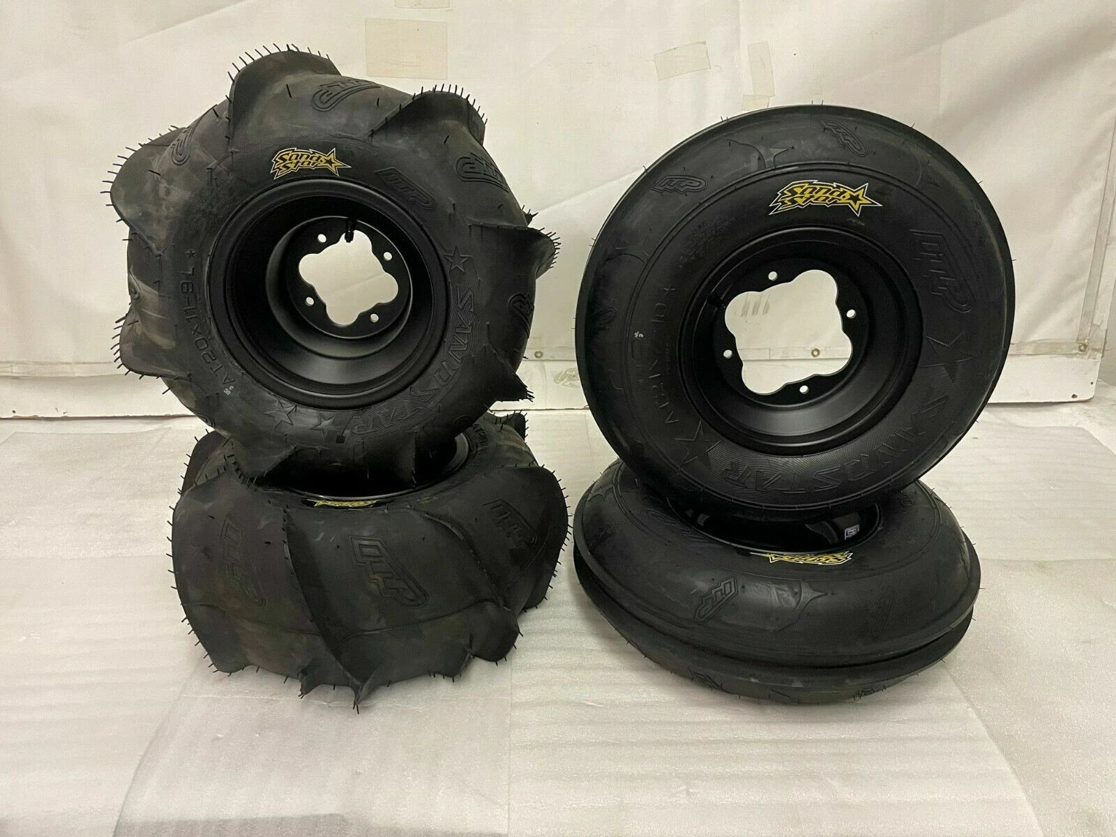 Set of 2 ITP Sand Star Paddle Tires & DWT A5 Black Rims for TRX 450R (2004–2009)