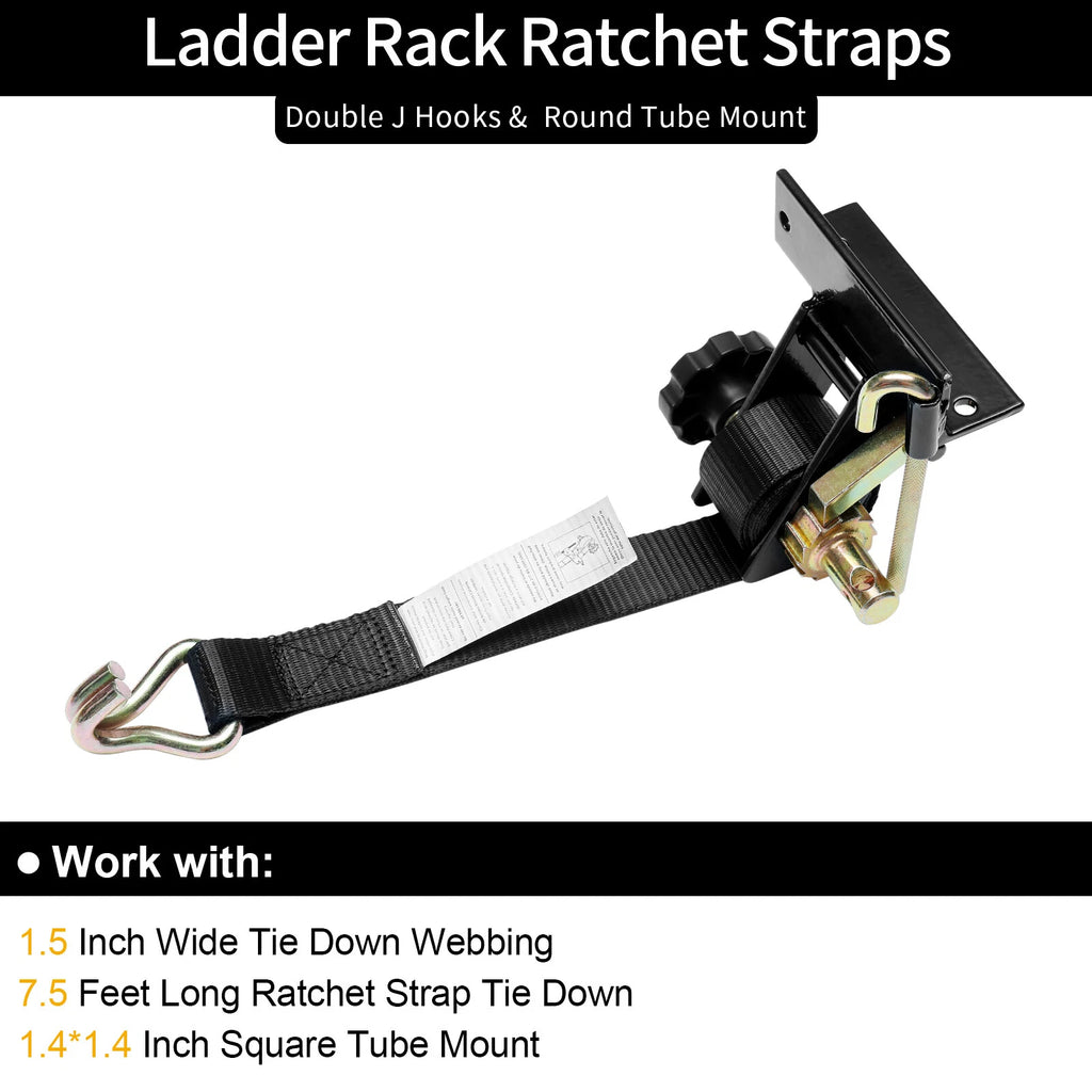Ladder Rack Ratchet Straps w/ J-Hook 1.5"W x 7.5'L for Square Tube Mount