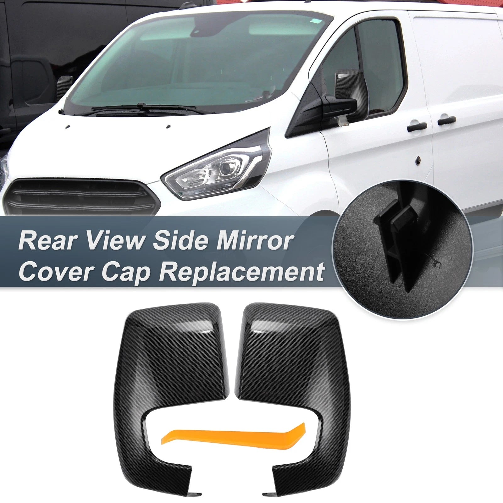 Set of 2 Rearview Mirror Cover Caps Black Carbon Fiber for Ford Transit Custom (2014–2023)