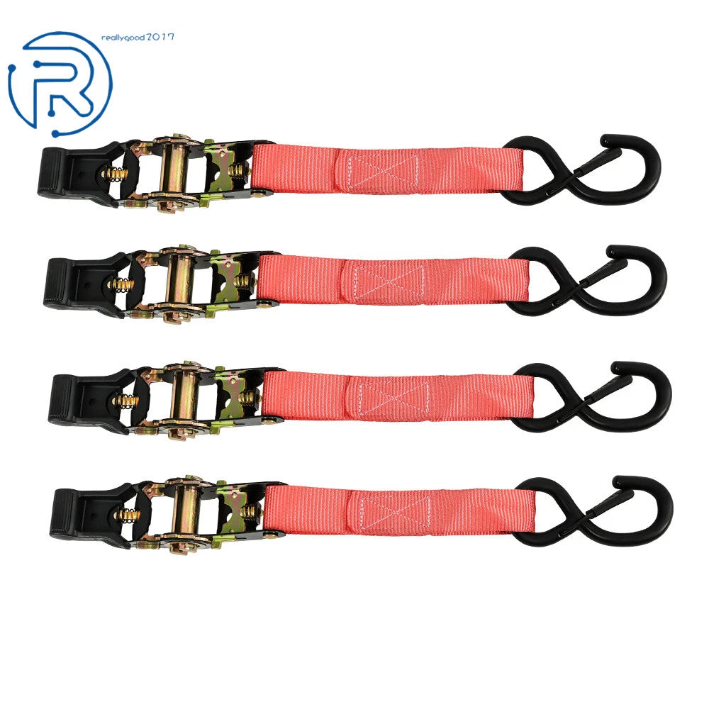 Set of 4 Red Steel 2200 LB Ratchet Tie Down Straps with Break Lock S Hooks 15 FT