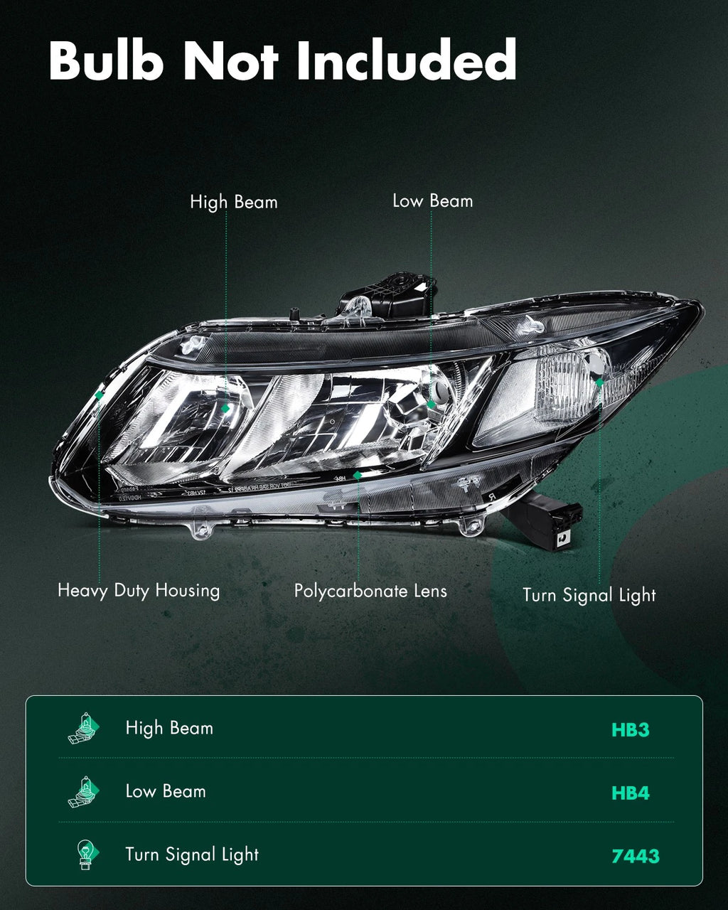 Set of 2 Black Headlights Assembly for Honda Civic (2012–2015)