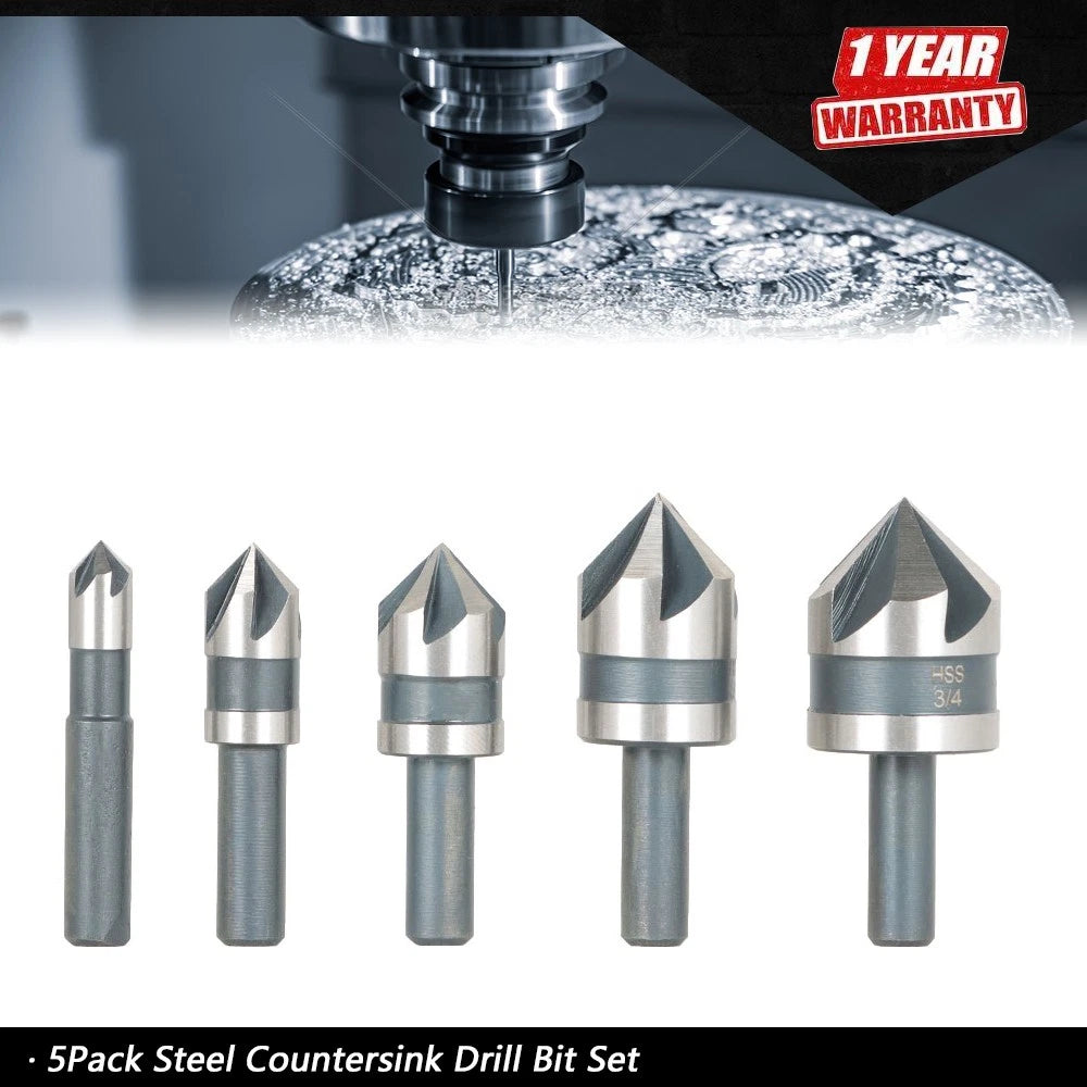 5-Piece Countersink Drill Bit Set for Metals Wood Plastic HSS