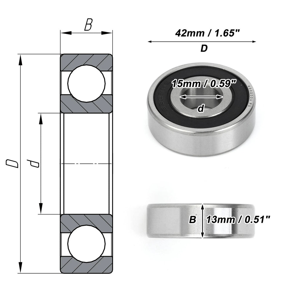 6302DDU Deep Groove Ball Bearing for Scooter Skateboard (P0 15x42x13mm)
