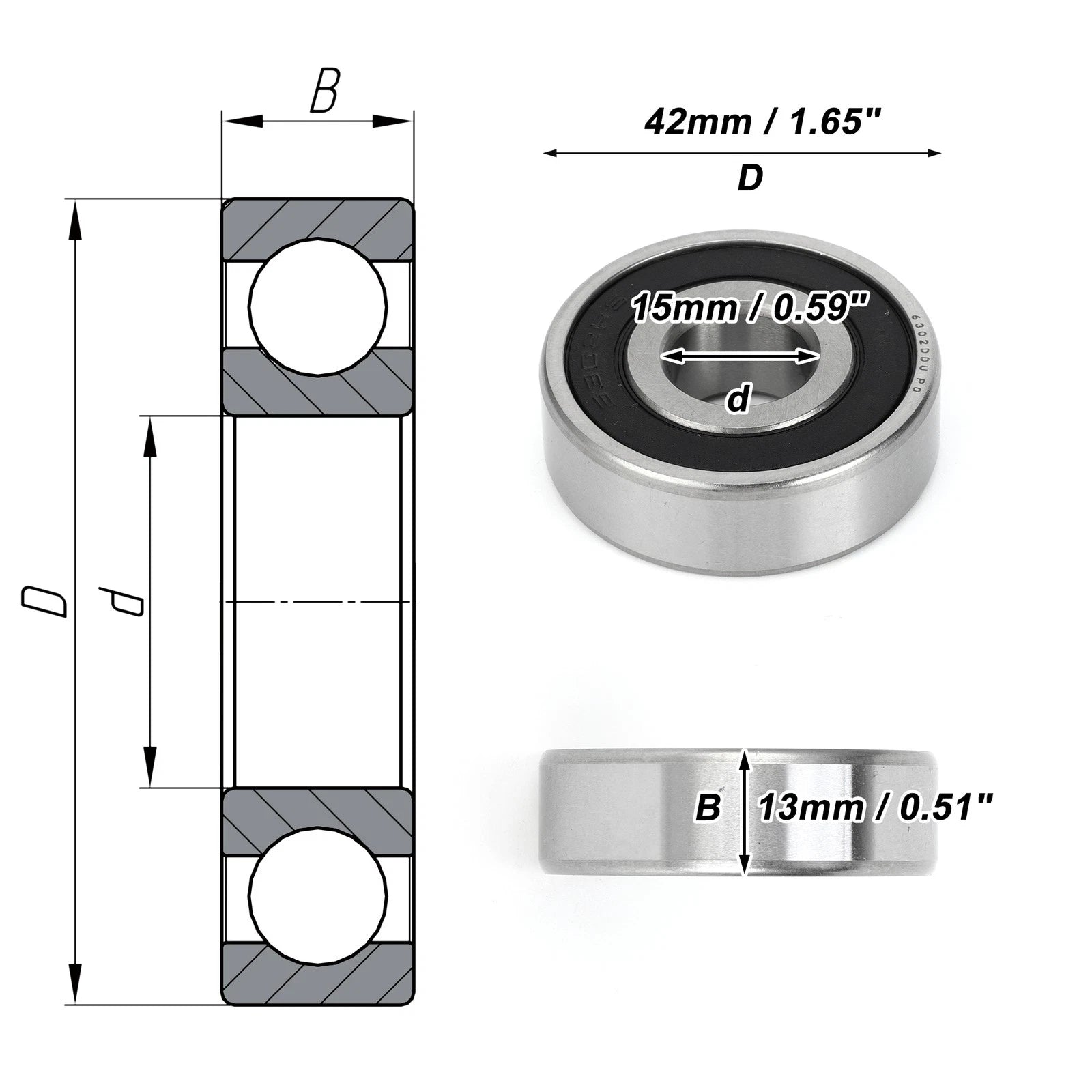6302DDU Deep Groove Ball Bearing for Scooter Skateboard (P0 15x42x13mm)