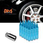 Set of 20 M12X1.5 Sky Blue JDM Spiked Cap Wheel Lug Nuts + Extension 20mm x 123mm
