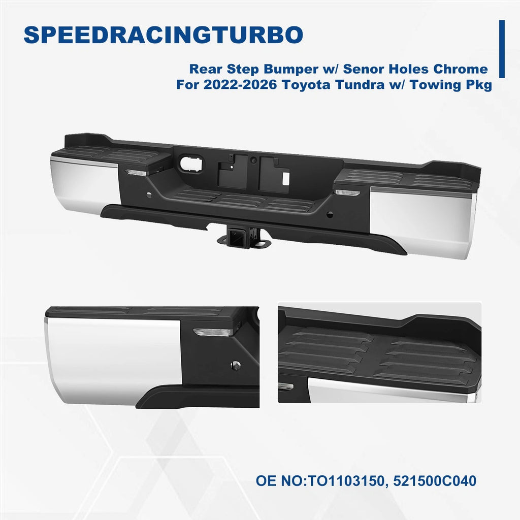 Chrome Rear Step Bumper with Sensor Holes & LED Back-Up Lamp for Toyota Tundra (2022–2026)