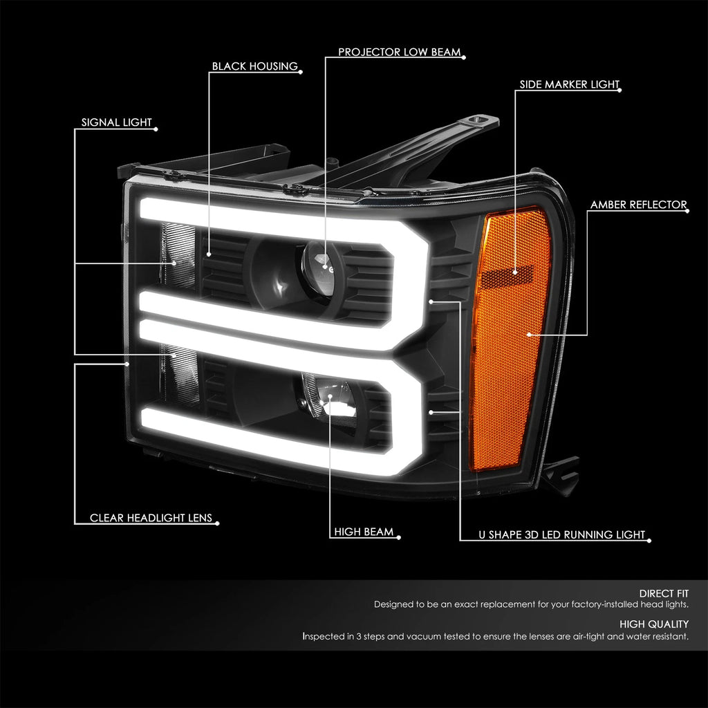 Custom LED U-Light Bar DRL Projector Headlight for GMC Sierra (2007–2014)