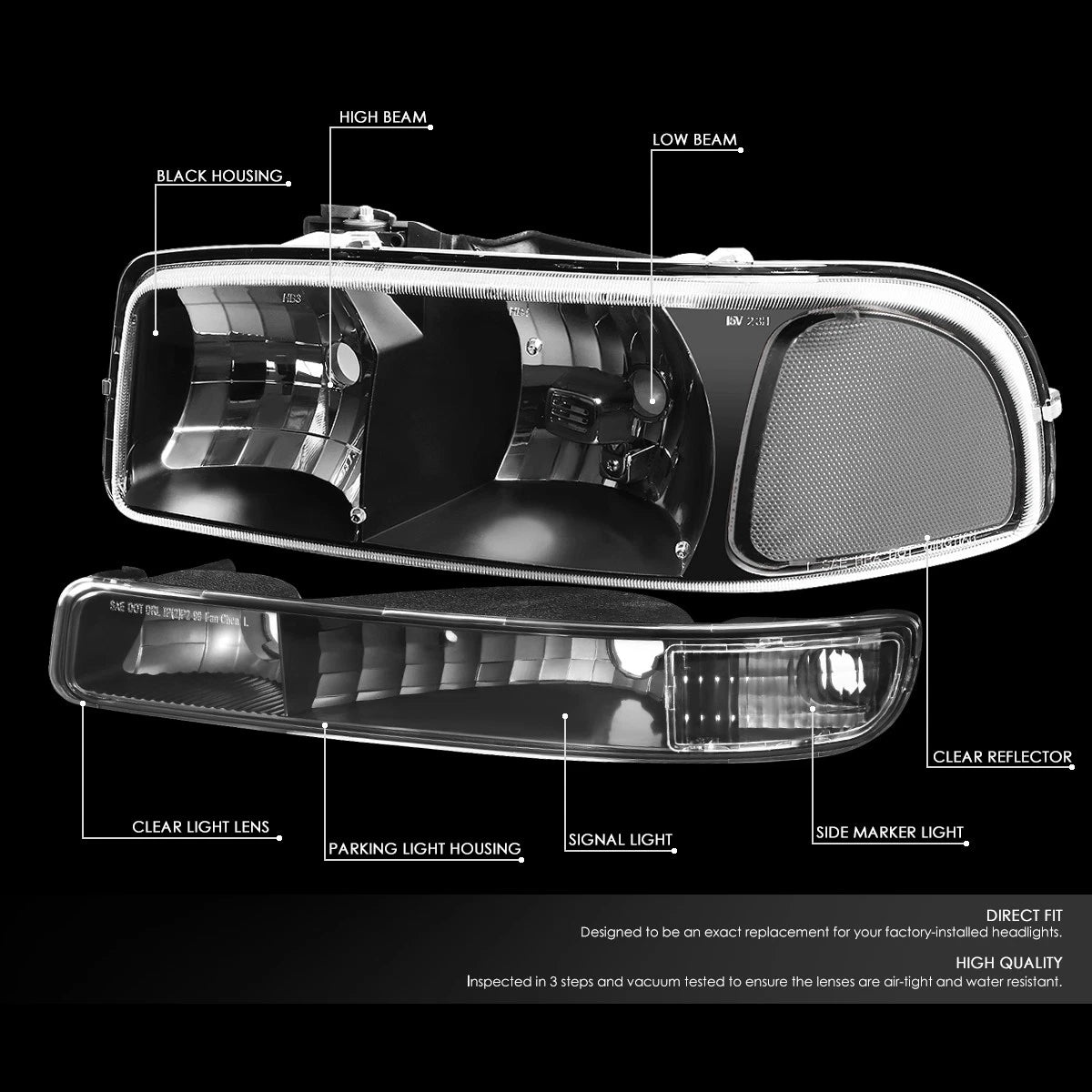 Headlight Set for GMC Sierra/Yukon (1999–2007) Black Housing Clear Corner