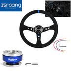 14" Suede Leather Deep Dish Steering Wheel + Quick Release Kit for Racing