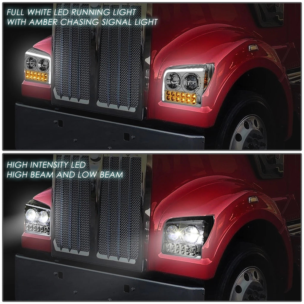 Chrome Housing LED DRL Sequential Turn Signal Headlights for Kenworth W990 (2019–2022)