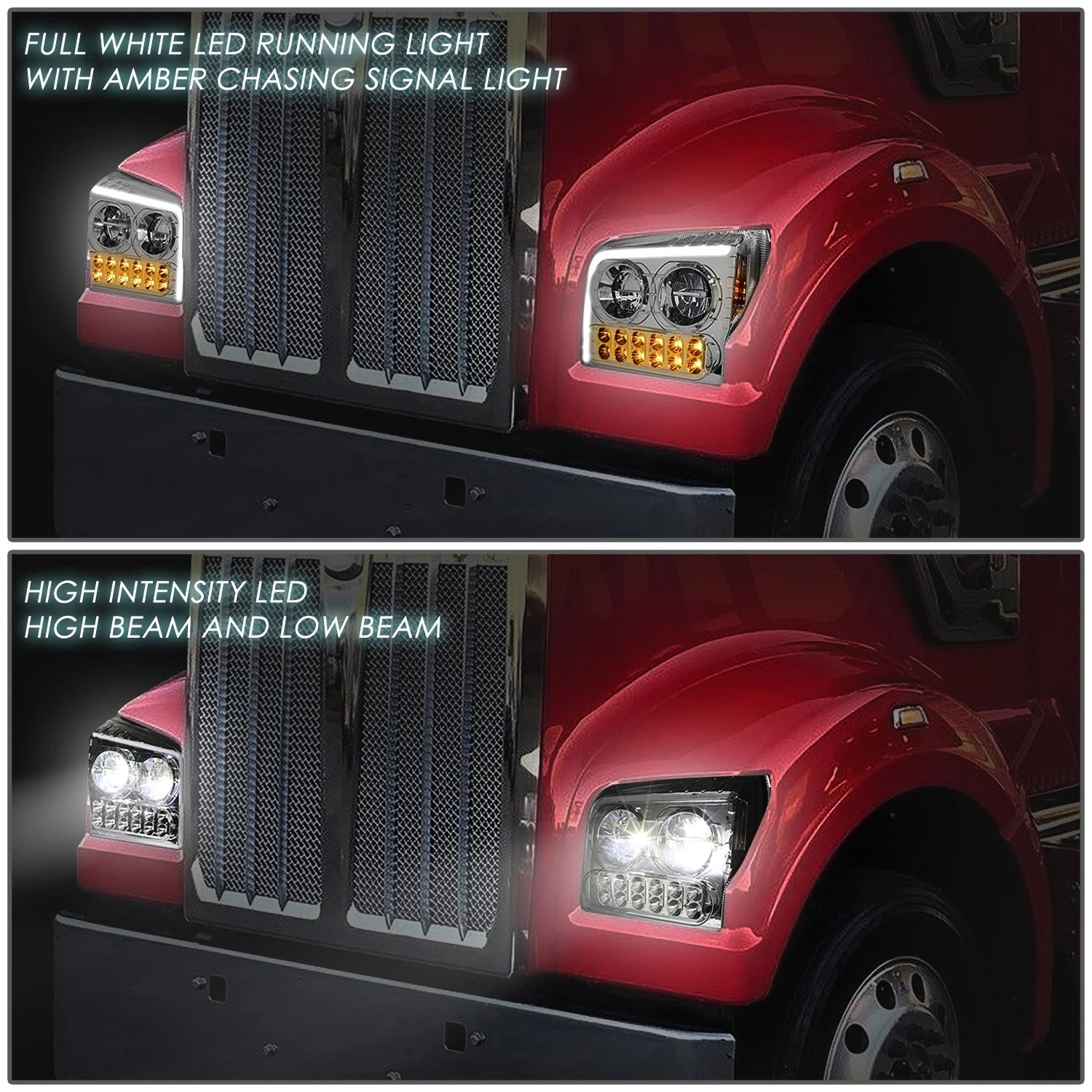 Chrome Housing LED DRL Sequential Turn Signal Headlights for Kenworth W990 (2019–2022)