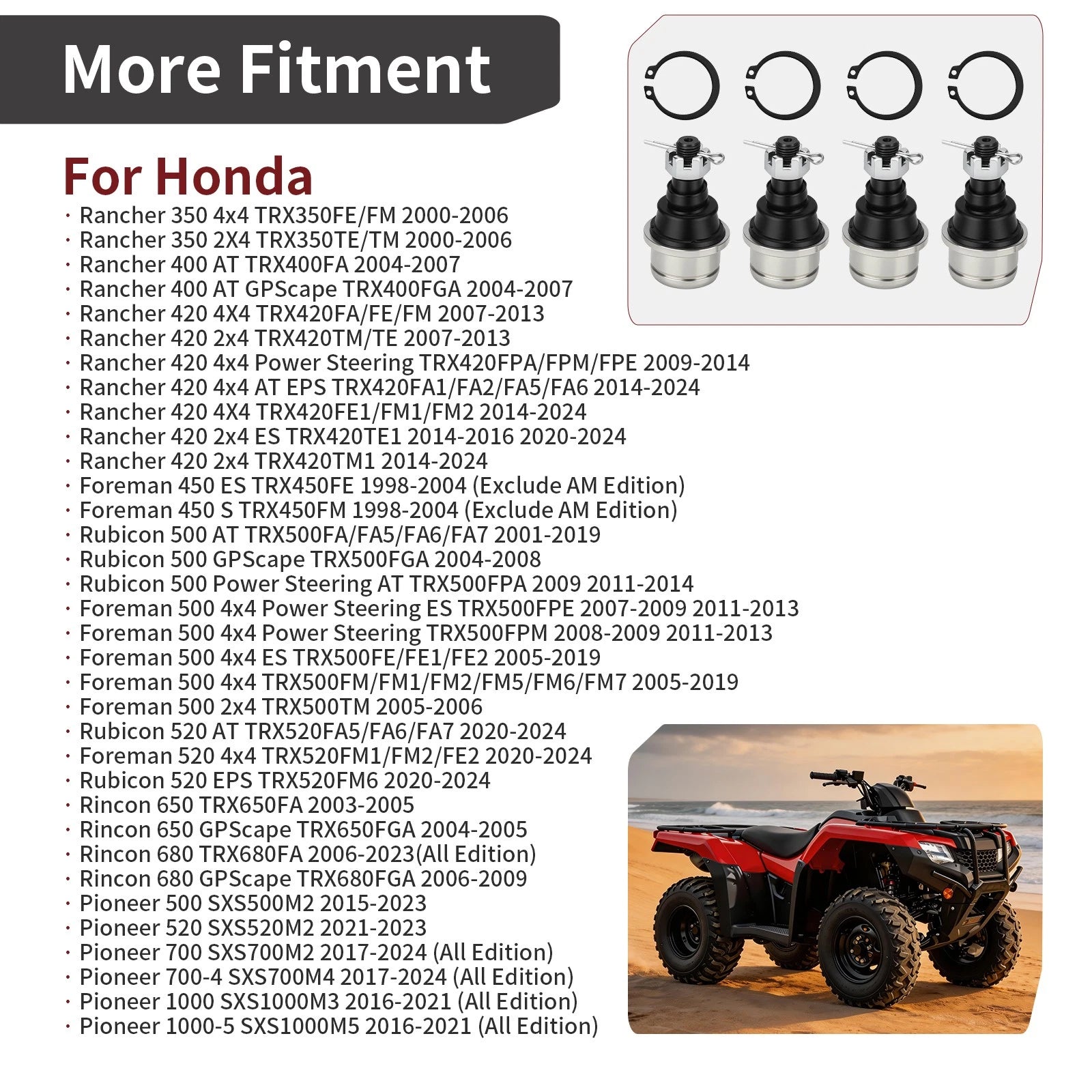 Set of 4 Upper and Lower Ball Joints for Honda Rincon 650 680 (2003–2014)