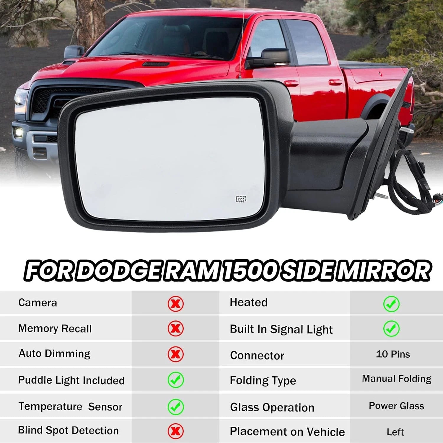 Power Heated Foldable Side Mirrors for Dodge Ram 1500 (2009–2012) + LED Signal + Puddle