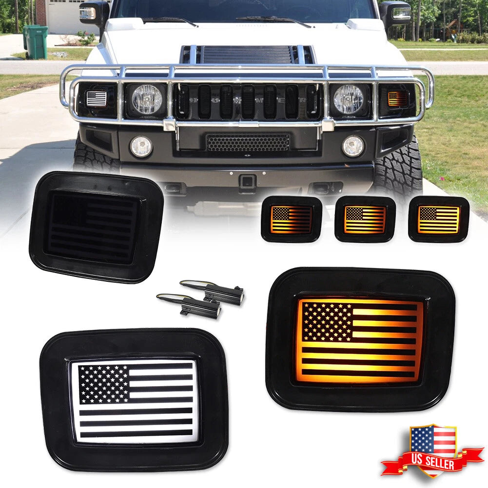 Smoke US Flag Switchback LED Front Bumper DRL Signal Lights for Hummer H2 (2003–2009)