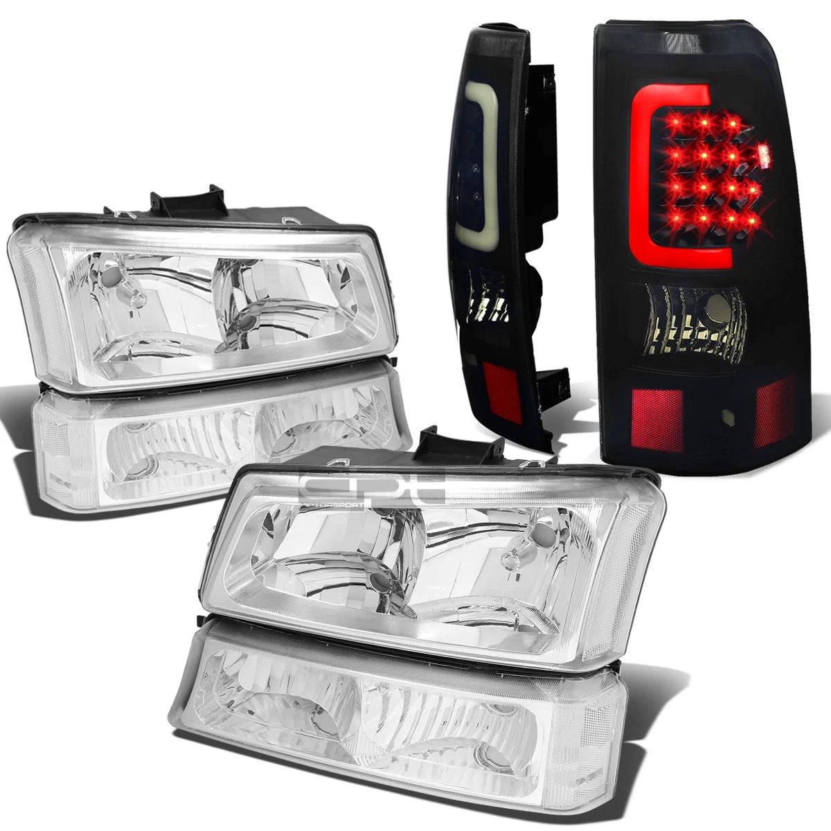 Chrome Headlight + Clear Bumper + Black Smoke LED Bar Tail Light for Silverado (2003–2007)