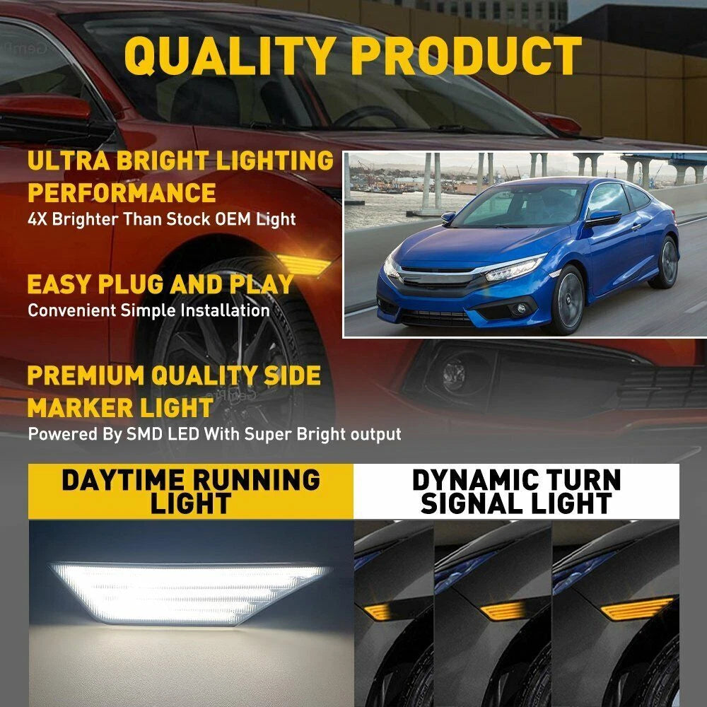2X Smoked Side Marker Light Sequential Turn Signal Lamps for Honda Civic (2016–2021)
