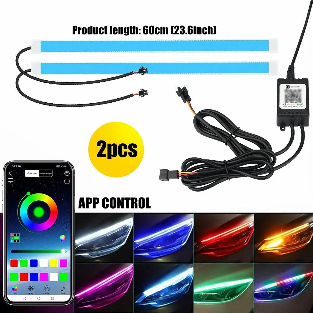 2X LED Headlight Turn Signal Strip for Universal Vehicles (RGB, APP Control)