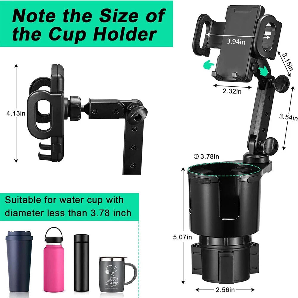 Car Cup Holder Expander with Adjustable Phone Mount for Most Vehicles