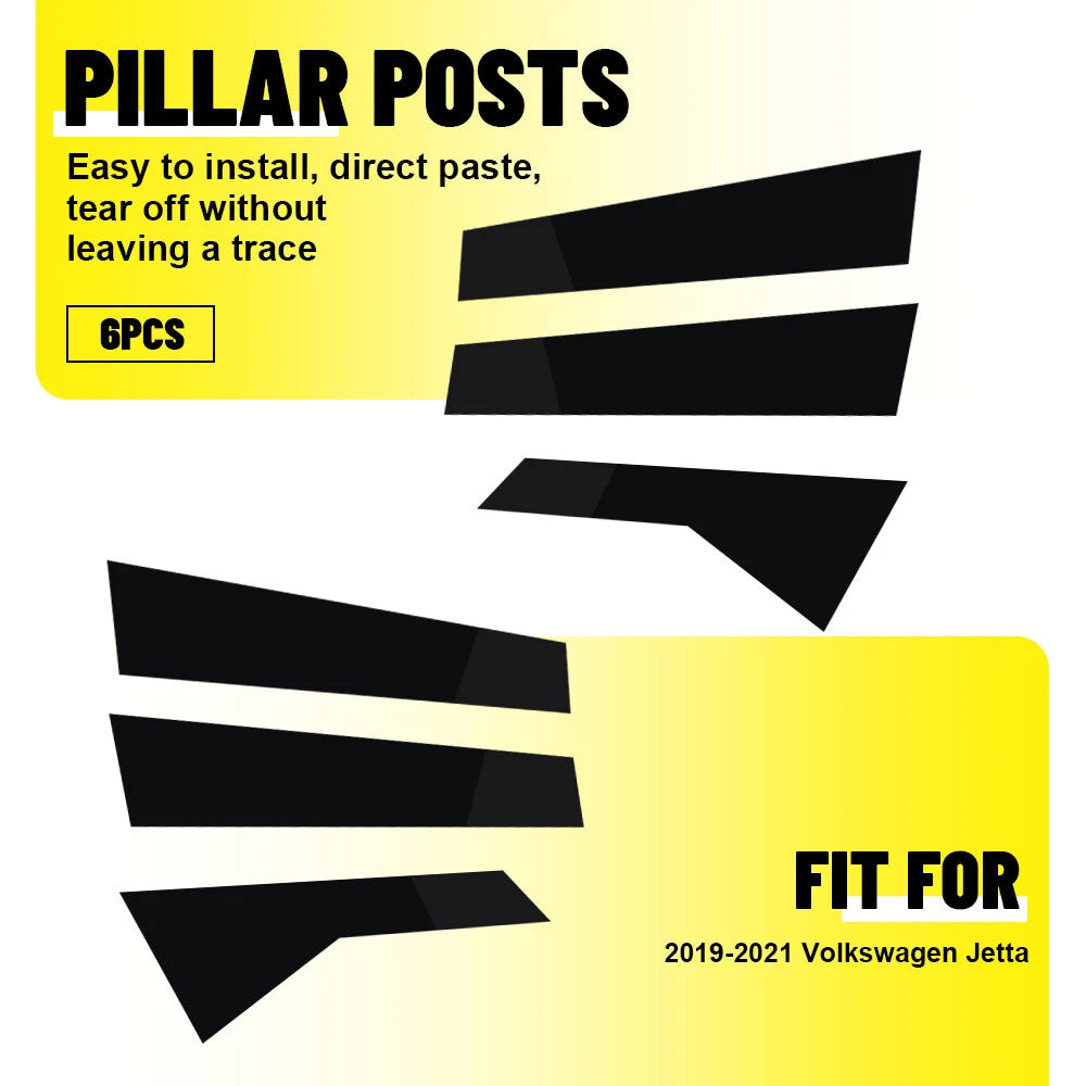 Set of 6 Door Pillar Post Trim Covers for Volkswagen Jetta (2019–2021) Gloss Black