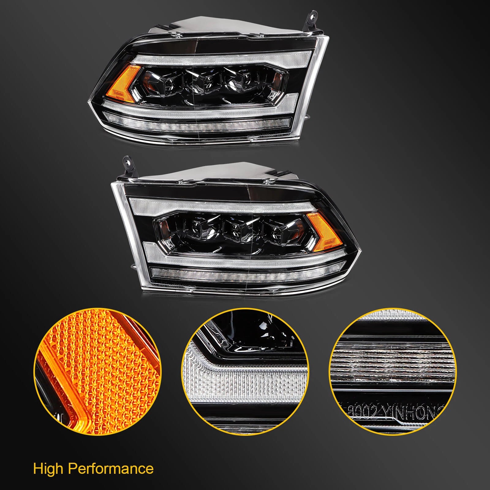 Pair LED Headlight Assembly for Dodge Ram 1500 2500 3500 (2009–2018)
