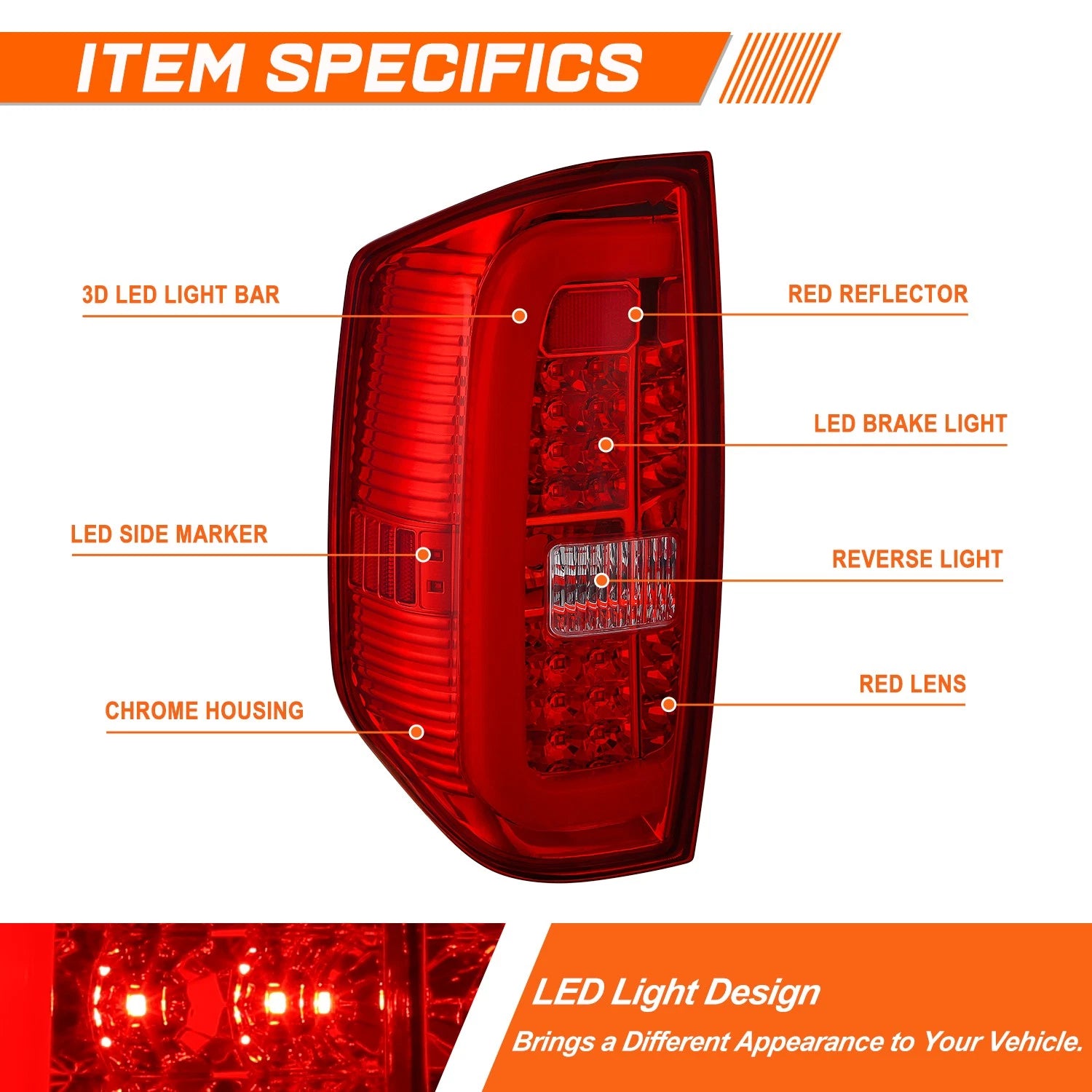 3D LED Tube Bar Tail Light for Tundra (2014–2021) - Red Housing