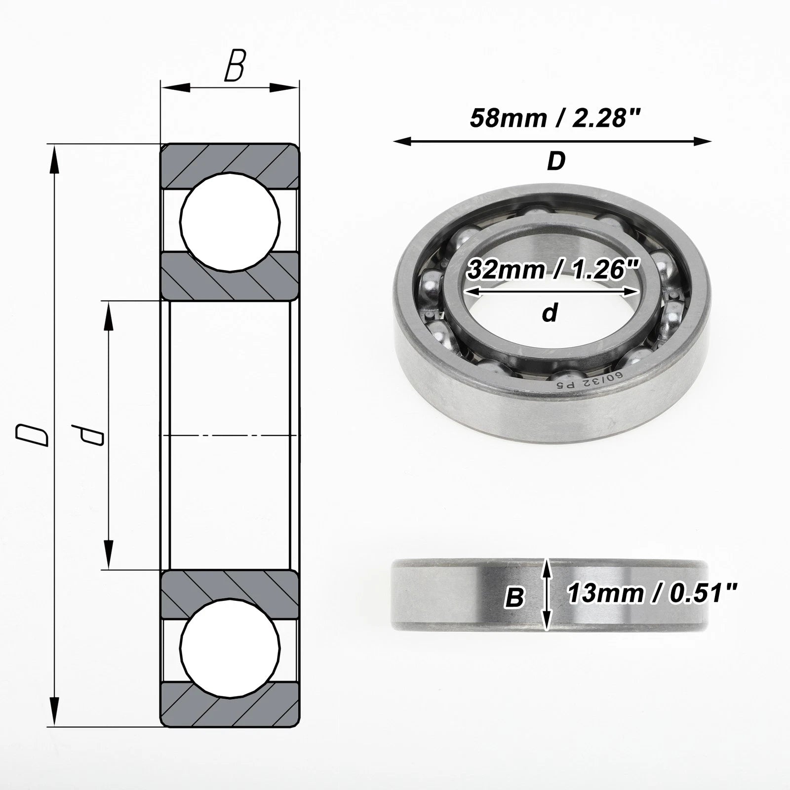 Deep Groove Ball Bearing for Scooter Skateboard Wheel (32x58x13mm)