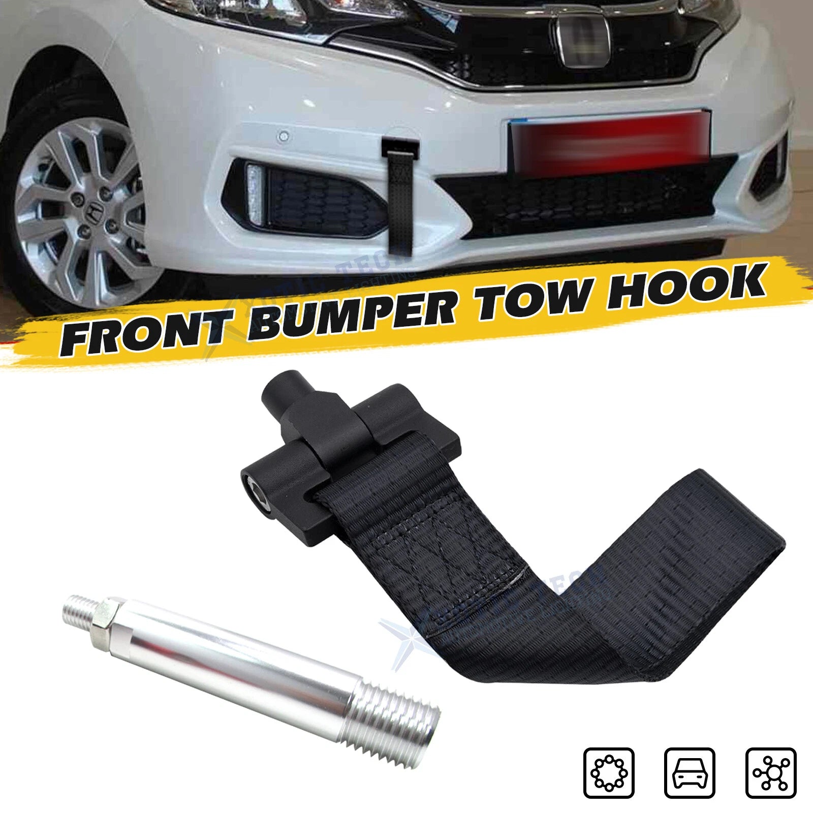 Nylon JDM Style Front Bumper Tow Hook Adapter with Towing Strap for Honda Fit (2015–2020)
