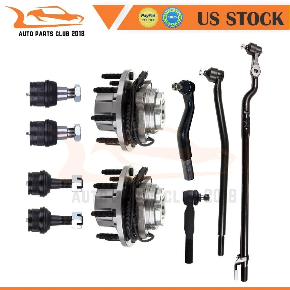 10X Front Wheel Hub & Bearing Kit, Tie Rod End, Ball Joints for Ford (2002–2003)