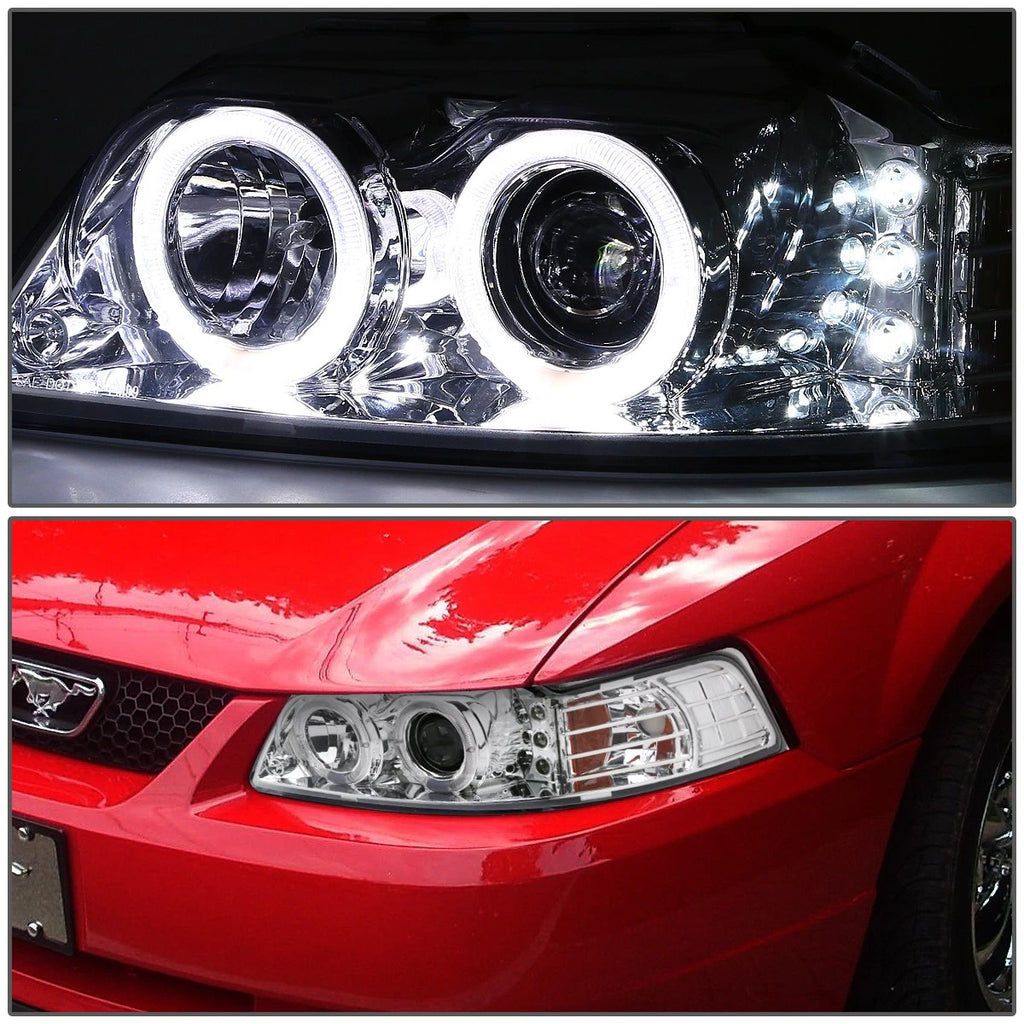 Halo Ring LED DRL Projector Headlight for Ford Mustang (1999–2004) Chrome Amber