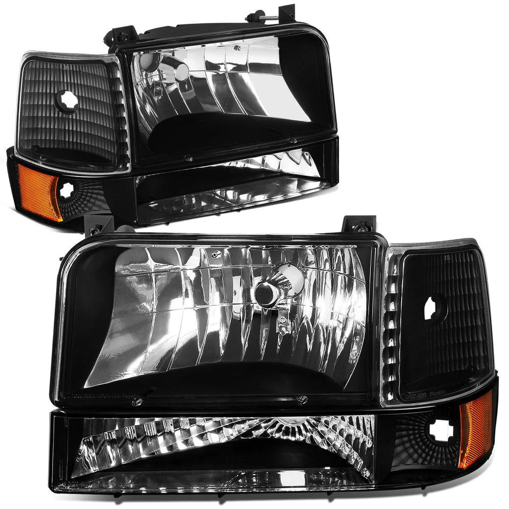 Set of 2 Black Bumper Headlights + Amber Corner Lamp for Ford F150/F250/F350 (1992–1996)