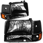 Set of 2 Black Bumper Headlights + Amber Corner Lamp for Ford F150/F250/F350 (1992–1996)