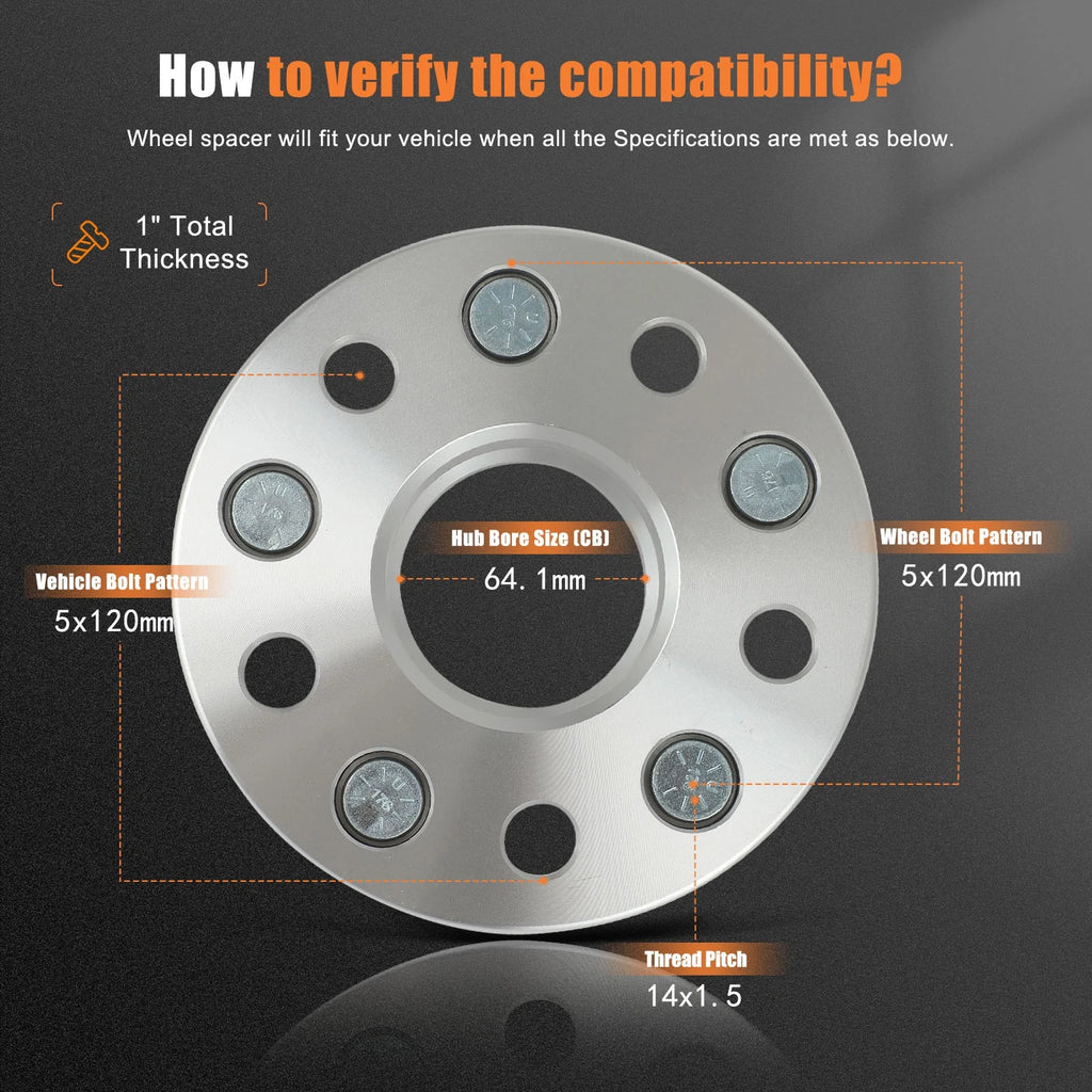 2X 1" Wheel Spacers 5x120 14x1.5 for Honda Civic, Pilot, Odyssey, Acura MDX, TL