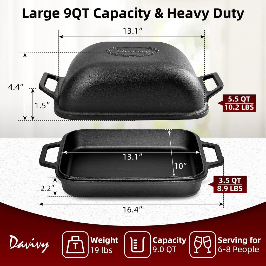 9Qt Cast Iron Dutch Oven with Lid for Bread Baking