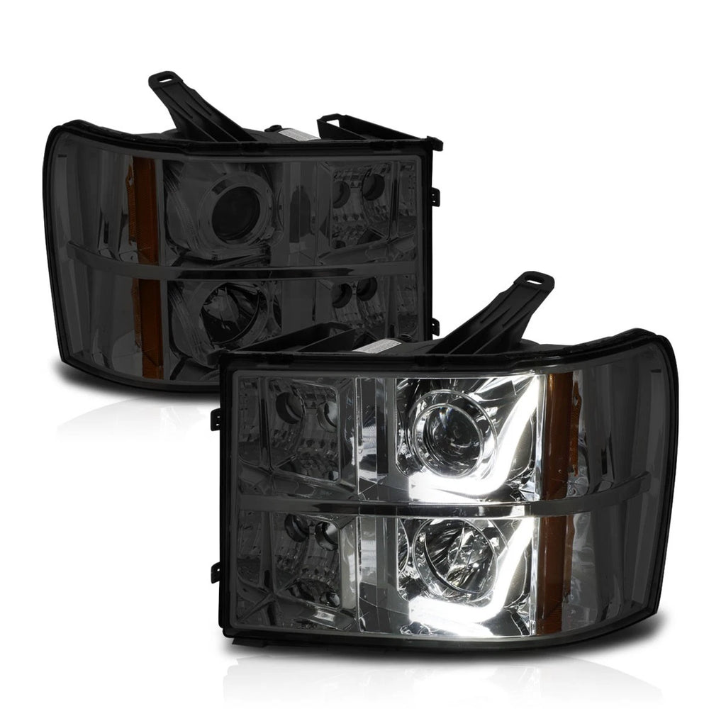 LED Halo DRL Projector Headlights for GMC Sierra 1500-3500 (2007–2014) Smoked/Amber