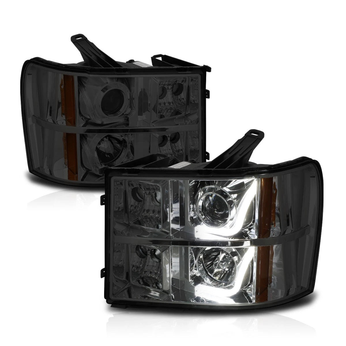 LED Halo DRL Projector Headlights for GMC Sierra 1500-3500 (2007–2014) Smoked/Amber