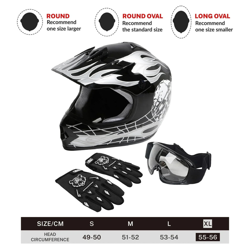 Youth Full Face Motocross Helmet Black Skull for Motorcycle S M L XL