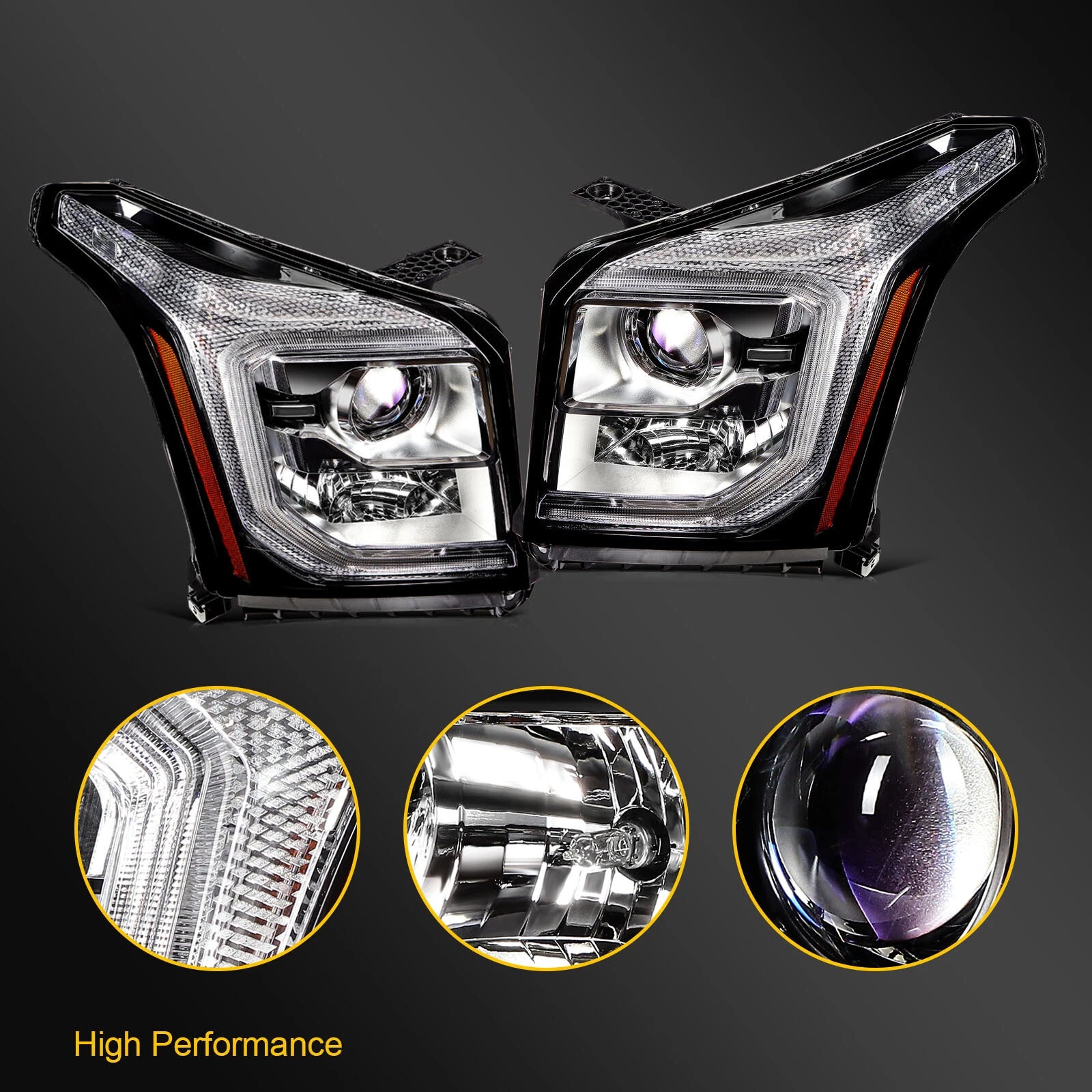 Pair Headlight Assembly for GMC Yukon (2015–2017) with Projector and Bulbs