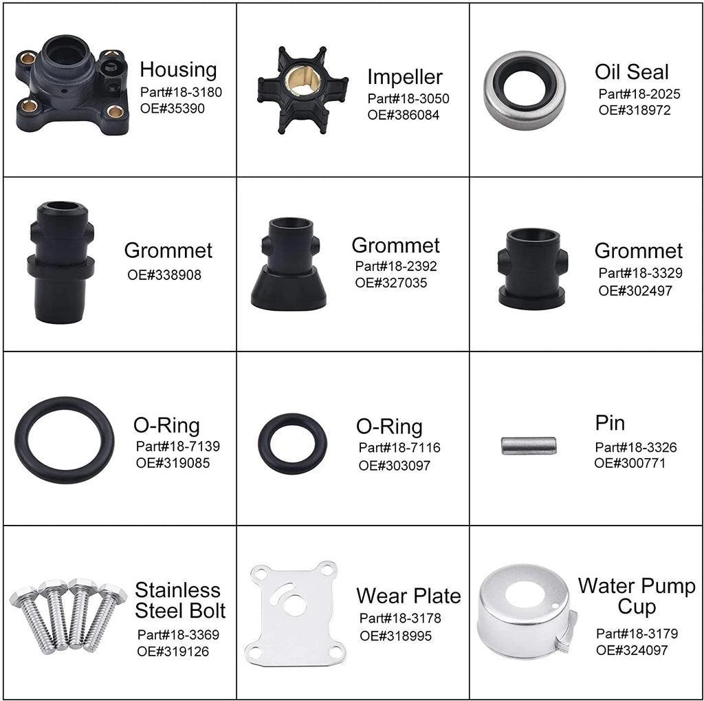 Water Pump Repair Kit for Johnson Evinrude 9.9 10 15 8 9.5HP (1974-UP) 394711