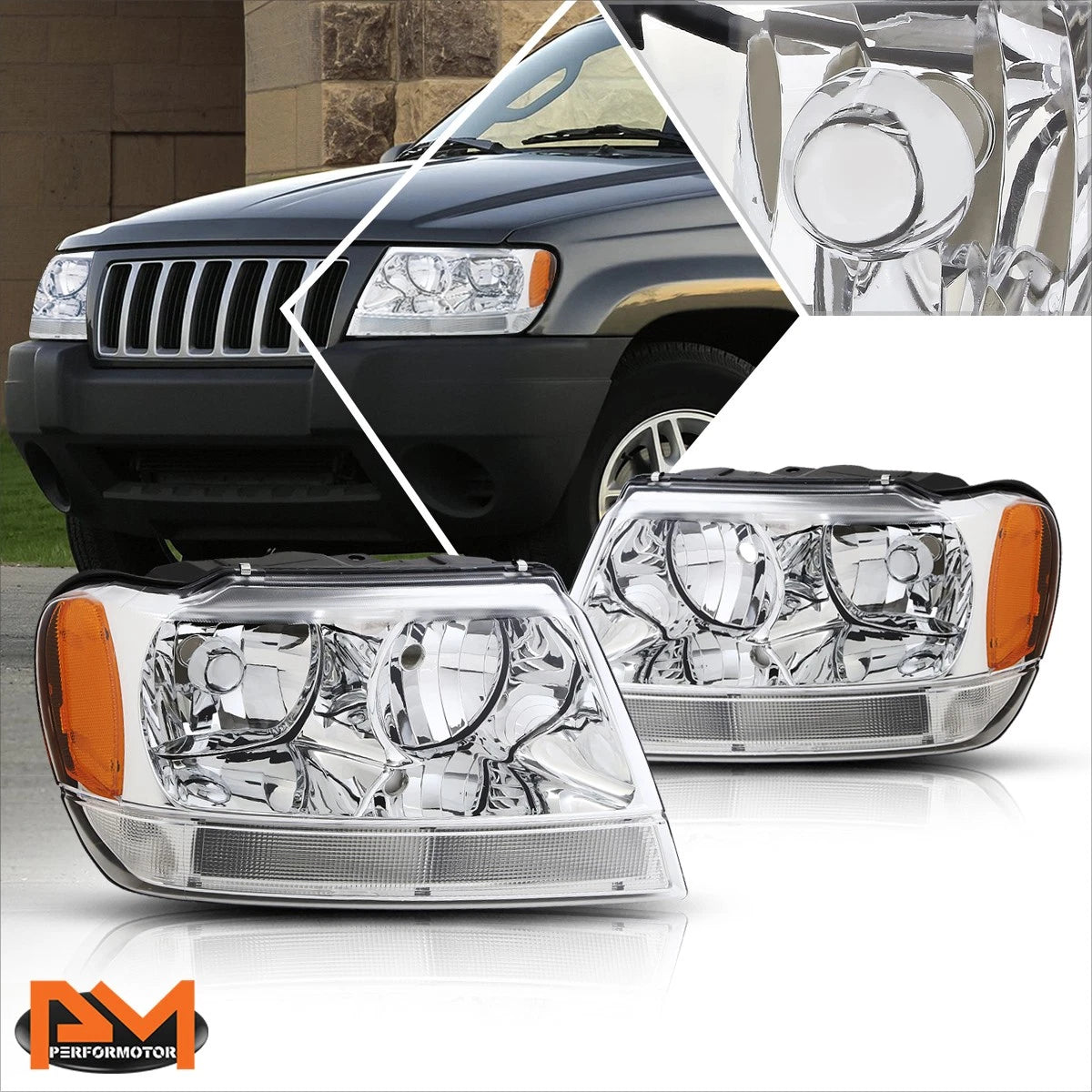 Chrome Housing Headlight & Amber Side Corner Lamp for Jeep Grand Cherokee WJ (1999–2004)