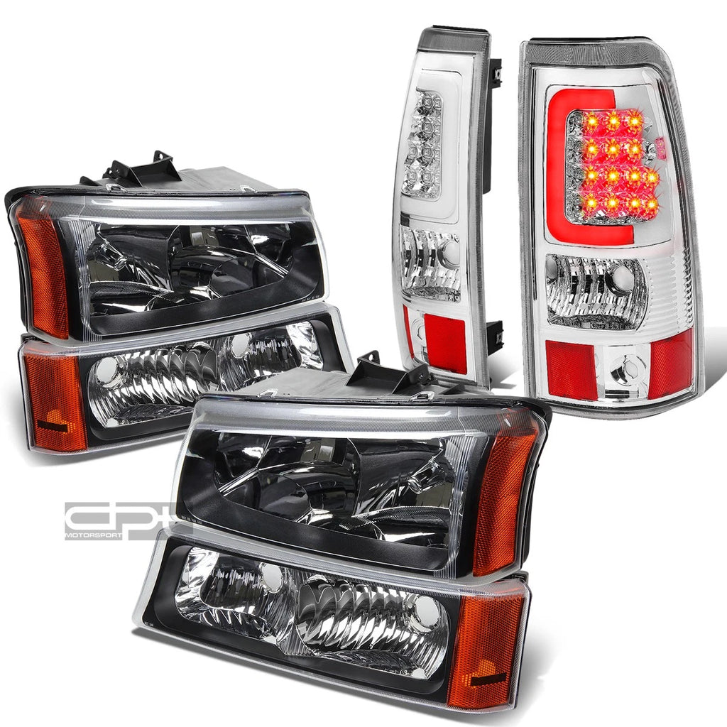 Set of 2 Black Crystal Headlights + Chrome 3D LED Tail Lights for Silverado (2003–2007)
