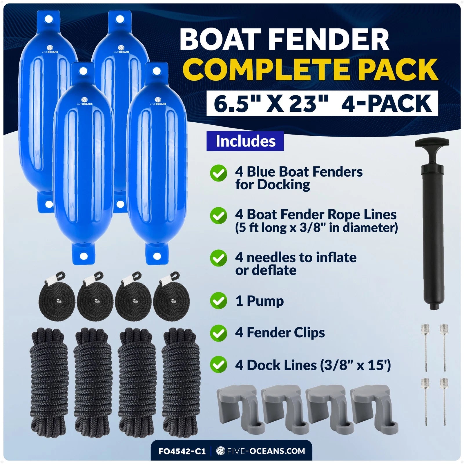 Set of 4 Boat Fenders for (6.5"x23", Blue)