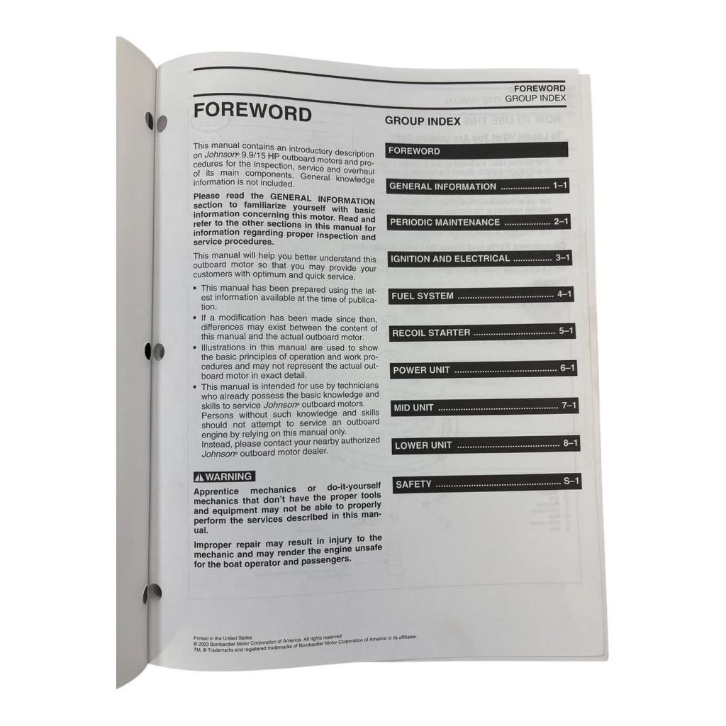 Service Manual for Evinrude Johnson 9.9/15 HP SR 4 Stroke (2004) 5005655