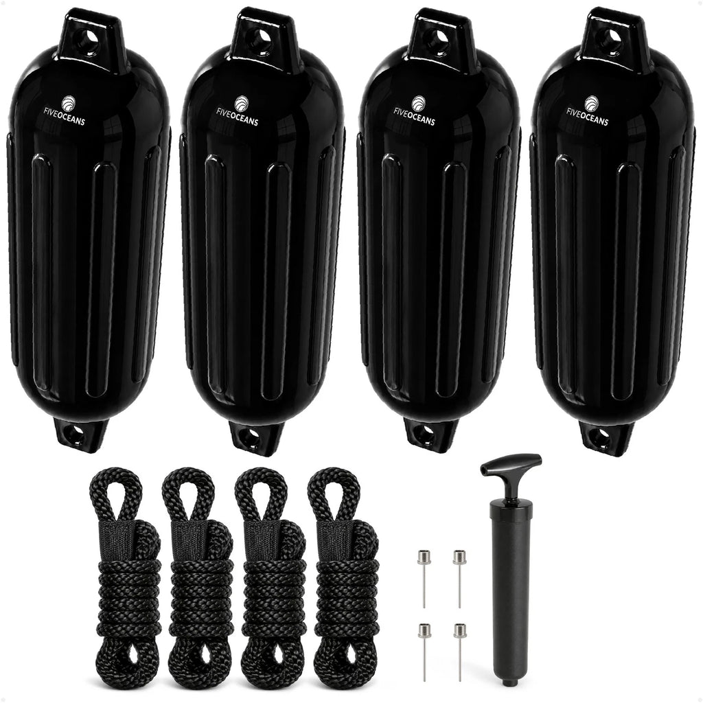 Set of 4 Inflatable Ribbed Marine Boat Fenders 4.5" x 16" Black