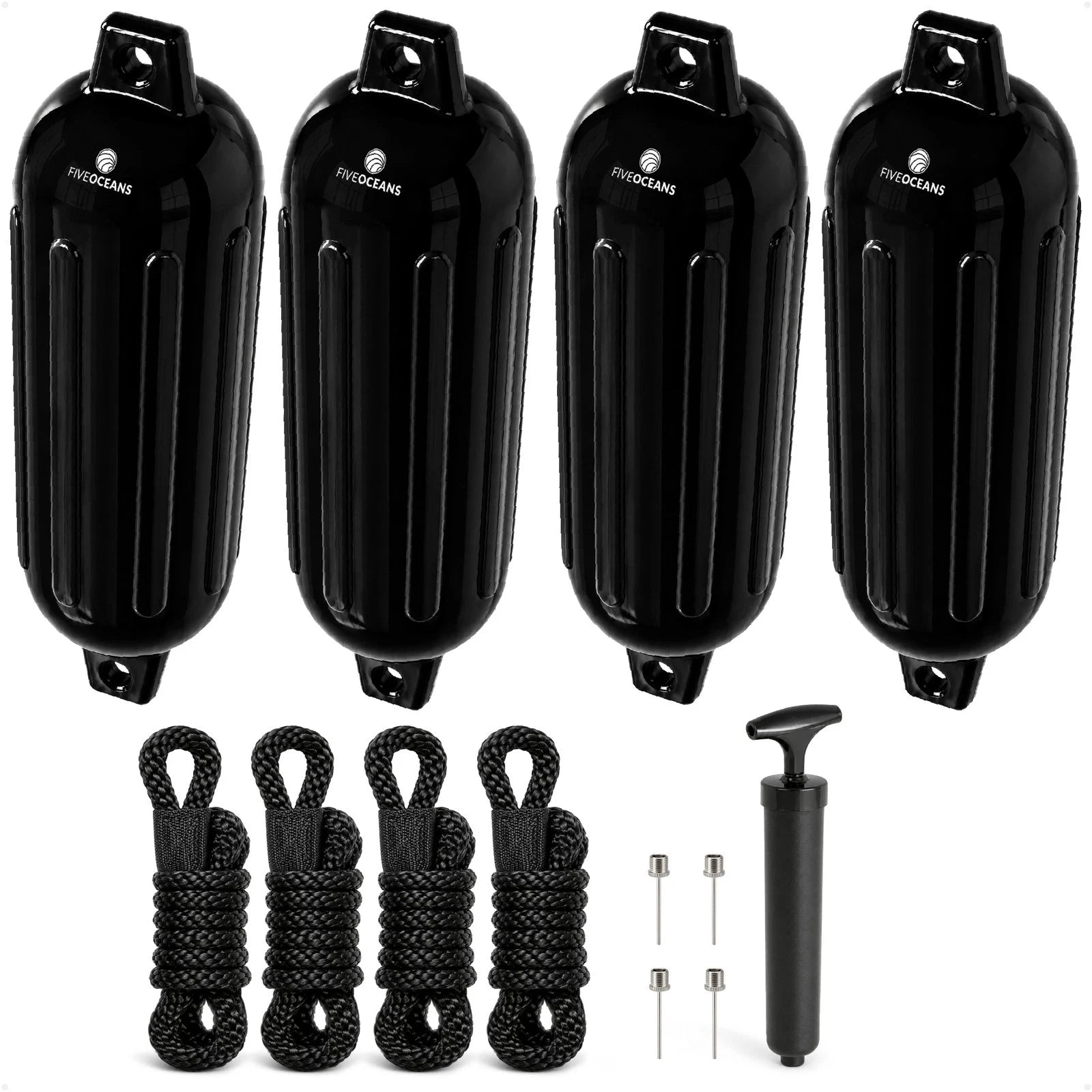 Set of 4 Inflatable Ribbed Marine Boat Fenders 4.5" x 16" Black